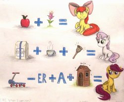 Size: 987x809 | Tagged: dead source, safe, artist:thefriendlyelephant, apple bloom, scootaloo, sweetie belle, earth pony, pegasus, pony, unicorn, g4, apple, bell, cutie mark crusaders, equation, female, filly, flower, food, outhouse, rebus, scooter, sitting, sugar (food), tea, teacup, traditional art, trio