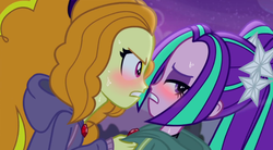 Size: 764x423 | Tagged: safe, edit, edited screencap, screencap, adagio dazzle, aria blaze, equestria girls, g4, my little pony equestria girls: rainbow rocks, blushing, context is for the weak, female, gem, lesbian, ship:adaria, shipping, siren gem, sweat