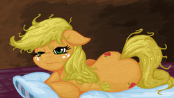 Size: 2400x1350 | Tagged: safe, artist:latecustomer, applejack, g4, bed mane, both cutie marks, female, loose hair, morning ponies, solo