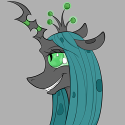 Size: 2048x2048 | Tagged: safe, artist:briarspark, queen chrysalis, changeling, changeling queen, g4, crown, female, grin, high res, jewelry, pixiv, profile, regalia, solo