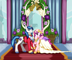 Size: 2871x2406 | Tagged: safe, artist:shimmycocopuffssx1, princess cadance, shining armor, alicorn, pony, unicorn, a canterlot wedding, g4, altar, clothes, dress, high res, scene interpretation, wedding dress