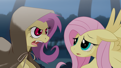 Size: 1024x576 | Tagged: safe, artist:nekokevin, fluttershy, bat pony, pegasus, pony, g4, bat ponified, cape, clothes, duality, duo, female, floppy ears, flutterbat, looking at each other, mare, open mouth, race swap, self ponidox, spread wings, wings