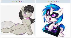 Size: 516x276 | Tagged: safe, dj pon-3, octavia melody, vinyl scratch, derpibooru, g4, exploitable meme, female, juxtaposition, juxtaposition win, lesbian, meme, meta, ship:scratchtavia, shipping