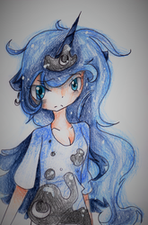 Size: 2698x4094 | Tagged: safe, artist:mizuki-yorudan, princess luna, human, g4, clothes, female, humanized, messy hair, shirt, solo, traditional art