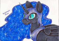 Size: 1024x718 | Tagged: safe, artist:azorukon, nightmare moon, g4, female, simple background, solo, traditional art