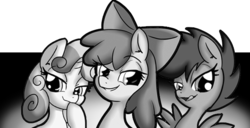 Size: 647x332 | Tagged: safe, artist:anibaruthecat, apple bloom, scootaloo, sweetie belle, earth pony, pegasus, pony, unicorn, g4, bedroom eyes, cutie mark crusaders, female, filly, foal, grayscale, licking lips, lip bite, monochrome, preview, wingboner