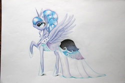 Size: 5184x3456 | Tagged: safe, artist:ablm, princess luna, g4, absurd resolution, alternate hairstyle, clothes, dress, female, raised hoof, solo, spread wings, traditional art
