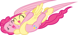 Size: 4500x2062 | Tagged: safe, artist:misterdavey, fluttershy, pinkie pie, earth pony, pegasus, pony, smile hd, g4, cute, diapinkes, easter egg, female, glomp, grimdark source, high res, lesbian, out of context, ship:flutterpie, shipping, shyabetes, simple background, this will end in tears and/or death, transparent background, vector