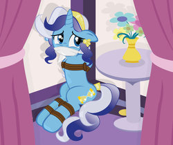 Size: 1024x862 | Tagged: safe, artist:radiantrealm, minuette, pony, unicorn, g4, alternate hairstyle, bondage, cloth gag, female, gag, rope, show accurate, solo