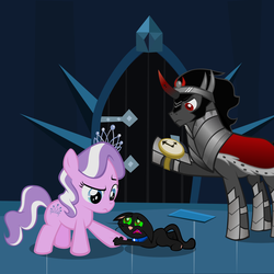 Size: 1635x1635 | Tagged: safe, artist:magerblutooth, diamond tiara, king sombra, oc, oc:dazzle, cat, g4