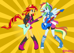Size: 5327x3883 | Tagged: safe, artist:nstone53, rainbow dash, sunset shimmer, equestria girls, g4, my little pony equestria girls: rainbow rocks, eared humanization, guitar, humanized, ponied up, winged humanization