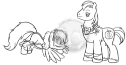 Size: 664x346 | Tagged: safe, artist:karmadash, big macintosh, rainbow dash, earth pony, pony, g4, alternate hairstyle, bowtie, clothes, fanfic art, flower, headcanon, lineart, male, monochrome, rainbow dash always dresses in style, ship:rainbowmac, shipping, sketch, stallion, straight, suit, wedding, wip