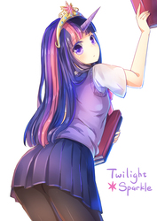 Size: 700x990 | Tagged: safe, artist:eminya, twilight sparkle, human, g4, big crown thingy, bowtie, clothes, female, horn, horned humanization, humanized, miniskirt, pantyhose, pixiv, school uniform, schoolgirl, shirt, skirt, solo, sweater vest, the ass was fat, tights, upskirt, vest