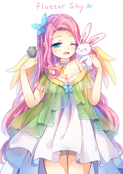 Size: 700x990 | Tagged: safe, artist:eminya, angel bunny, fluttershy, butterfly, human, g4, anime, breasts, busty fluttershy, cleavage, clothes, cute, dress, female, hair accessory, humanized, one eye closed, open mouth, pixiv, shyabetes, solo, winged humanization