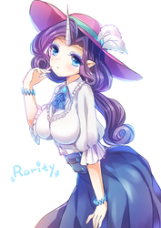 Size: 700x990 | Tagged: safe, artist:eminya, rarity, human, breasts, busty rarity, elf ears, female, horned humanization, humanized, pixiv, simple background, solo, white background