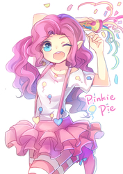 Size: 700x990 | Tagged: safe, artist:eminya, pinkie pie, human, g4, clothes, elf ears, female, humanized, looking at you, one eye closed, open mouth, party popper, pixiv, socks, solo, striped socks