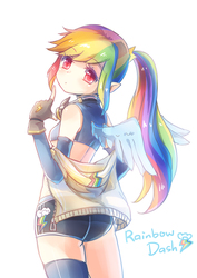 Size: 700x990 | Tagged: safe, artist:eminya, rainbow dash, human, g4, ass, bangs, breasts, butt, cape, clothes, colored pupils, elf ears, female, finger gun, fingerless gloves, gloves, goggles, high ponytail, humanized, long hair, looking at you, looking back, midriff, panties, pants, partial nudity, pixiv, ponytail, see-through, sexy, simple background, socks, solo, sports bra, sports panties, stockings, text, thigh highs, underboob, underwear, white background, winged humanization
