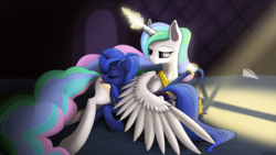 Size: 5000x2813 | Tagged: safe, artist:oneofyouare, princess celestia, princess luna, g4, brushie, butt pillow, comb, duo, sunbutt