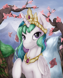 Size: 2731x3351 | Tagged: safe, artist:sceathlet, princess celestia, g4, female, high res, portrait, raised hoof, solo, waterfall