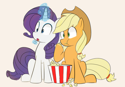 Size: 1023x711 | Tagged: safe, artist:ccoollee, artist:lance, applejack, rarity, earth pony, pony, unicorn, g4, cowboy hat, duo, eating, female, food, hat, lesbian, levitation, magic, open mouth, popcorn, ship:rarijack, shipping, stetson