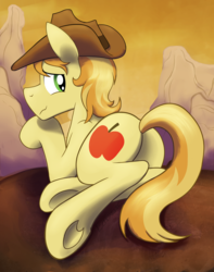 Size: 1219x1550 | Tagged: dead source, safe, artist:dripponi, braeburn, earth pony, pony, g4, braebutt, butt, cutie mark, desert, hat, looking at you, looking back, male, plot, raised tail, stallion, underhoof