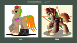 Size: 4000x2250 | Tagged: safe, artist:ruhisu, oc, oc only, oc:party hard, earth pony, pony, beret, clothes, cutie mark, draw this again, grenade, male, meme, party, smiling, soldier, stallion, swag, vest