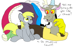 Size: 4096x2632 | Tagged: safe, artist:thedoggygal, derpy hooves, discord, pegasus, pony, g4, dialogue, female, mare, simple background, transparent background