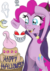 Size: 2409x3436 | Tagged: safe, artist:kosa17, pinkie pie, pony, vampire, g4, bipedal, cake, female, halloween, high res, simple background, solo, transparent background