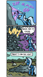 Size: 500x886 | Tagged: safe, artist:foudubulbe, maud pie, trixie, pony, unicorn, comic:damp rocks, g4, boulder, comic, cute, explosion, female, hiding, lesbian, magic, mare, ship:mauxie, shipping