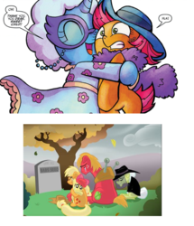 Size: 841x978 | Tagged: safe, apple bloom, babs seed, big macintosh, granny smith, trixie, earth pony, pony, unicorn, spoiler:comic, spoiler:comic22, accidental death, asphyxiation, comic, crying, dark comedy, death, female, filly, grave, grave meme, gravestone, how babs died, hug, male, mare, meme, sitting, stallion, tree