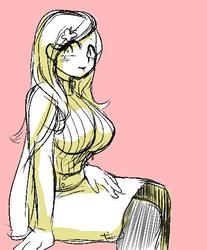 Size: 402x486 | Tagged: dead source, safe, artist:semi-kon, fluttershy, human, g4, blushing, breasts, busty fluttershy, clothes, female, hairclip, humanized, sketch, sleeveless turtleneck, solo, sweater, sweatershy, turtleneck
