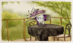 Size: 800x471 | Tagged: safe, artist:hewison, rarity, g4, female, giant hat, hat, looking away, restaurant, solo, table, thinking, thoughtful, waiting