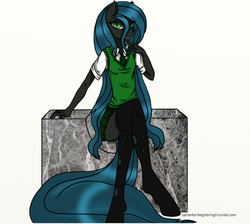 Size: 500x448 | Tagged: safe, artist:snowdreadfulstorm, queen chrysalis, changeling, changeling queen, anthro, unguligrade anthro, g4, clothes, female, skirt, socks, solo, sweater vest, thigh highs