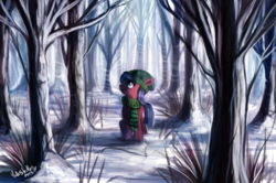 Size: 1394x928 | Tagged: safe, artist:cuteskitty, oc, oc only, oc:skye, clothes, forest, hat, scarf, snow, solo