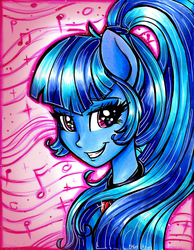 Size: 1696x2190 | Tagged: safe, artist:frostykat13, sonata dusk, equestria girls, g4, my little pony equestria girls: rainbow rocks, eared humanization, female, grin, looking at you, music notes, ponied up, portrait, smiling, solo, traditional art, wingding eyes