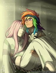 Size: 872x1149 | Tagged: safe, artist:hazurasinner, fluttershy, rainbow dash, human, g4, barefoot, dead, feet, female, humanized, lesbian, shadow of the colossus, ship:flutterdash, shipping, this will end in tears, wander