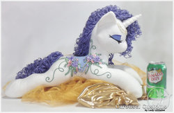 Size: 800x521 | Tagged: safe, artist:ladylittlefox, rarity, g4, can, canada dry, embroidery, eyes closed, ginger ale, irl, jewelry, photo, plushie, prone, solo