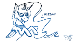 Size: 1250x703 | Tagged: safe, artist:midnightsix3, princess luna, alicorn, pony, lunadoodle, g4, female, huzzah, monochrome, solo