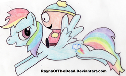 Size: 900x547 | Tagged: safe, artist:raynaofthedead, rainbow dash, g4, cartmandash, crossover, duo, eric cartman, riding, south park