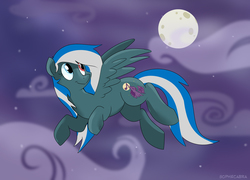 Size: 800x577 | Tagged: safe, artist:spainfischer, oc, oc only, pegasus, pony, flying, full moon, heterochromia, moon, night, solo