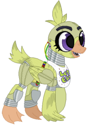 Size: 314x438 | Tagged: safe, artist:unoriginai, chicken, robot, animatronic, bib, chica, crossover, five nights at freddy's, ponified, teeth, wires