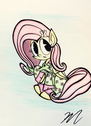 Size: 1600x2227 | Tagged: safe, artist:pelate, fluttershy, crocodile, g4, clothes, female, pajamas, sitting, solo, traditional art