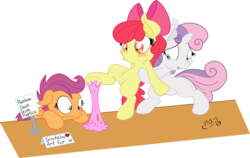 Size: 1024x646 | Tagged: safe, artist:dfectivedvice, artist:midnightblitzz, apple bloom, scootaloo, sweetie belle, earth pony, pegasus, pony, unicorn, g4, bipedal, bubblegum, cute, cutie mark crusaders, female, funny, simple background, transparent background, trio, trio female, vector