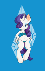 Size: 1910x3000 | Tagged: safe, artist:hidden-cat, rarity, pony, unicorn, semi-anthro, g4, belly button, bikini, bra, bra on pony, clothes, cutie mark, female, horn, lingerie, mare, panties, simple background, solo, swimsuit, thong, thong swimsuit, underwear