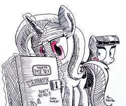 Size: 1280x1075 | Tagged: safe, artist:foudubulbe, maud pie, trixie, pony, unicorn, comic:damp rocks, g4, diary, female, lesbian, mare, monochrome, partial color, poetry, ship:mauxie, shipping, traditional art