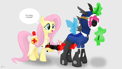 Size: 3840x2160 | Tagged: safe, artist:atomic8497, fluttershy, pinkie pie, changeling, pegasus, pony, g4, butterfly knife, crossover, duo, female, fluttermedic, gray background, high res, knife, magic, mare, mask, medic, medic (tf2), medigun, pyro (tf2), simple background, spy, spy (tf2), team fortress 2