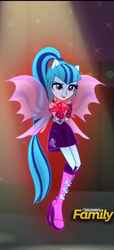 Size: 494x1080 | Tagged: safe, screencap, sonata dusk, equestria girls, g4, my little pony equestria girls: rainbow rocks, cute, discovery family, discovery family logo, female, fin wings, floating, glowing, ponied up, solo, sonatabetes