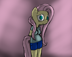 Size: 1110x873 | Tagged: artist needed, source needed, safe, fluttershy, anthro, g4, clothes, cute, shorts, shy