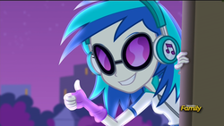 Size: 1920x1080 | Tagged: safe, screencap, dj pon-3, vinyl scratch, equestria girls, g4, my little pony equestria girls: rainbow rocks, discovery family, discovery family logo, female, glasses, smiling, solo, thumbs up