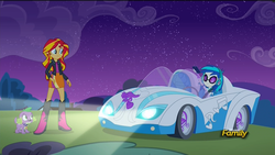 Size: 1920x1080 | Tagged: safe, screencap, dj pon-3, sunset shimmer, vinyl scratch, equestria girls, g4, my little pony equestria girls: rainbow rocks, bassmobile, discovery family, discovery family logo